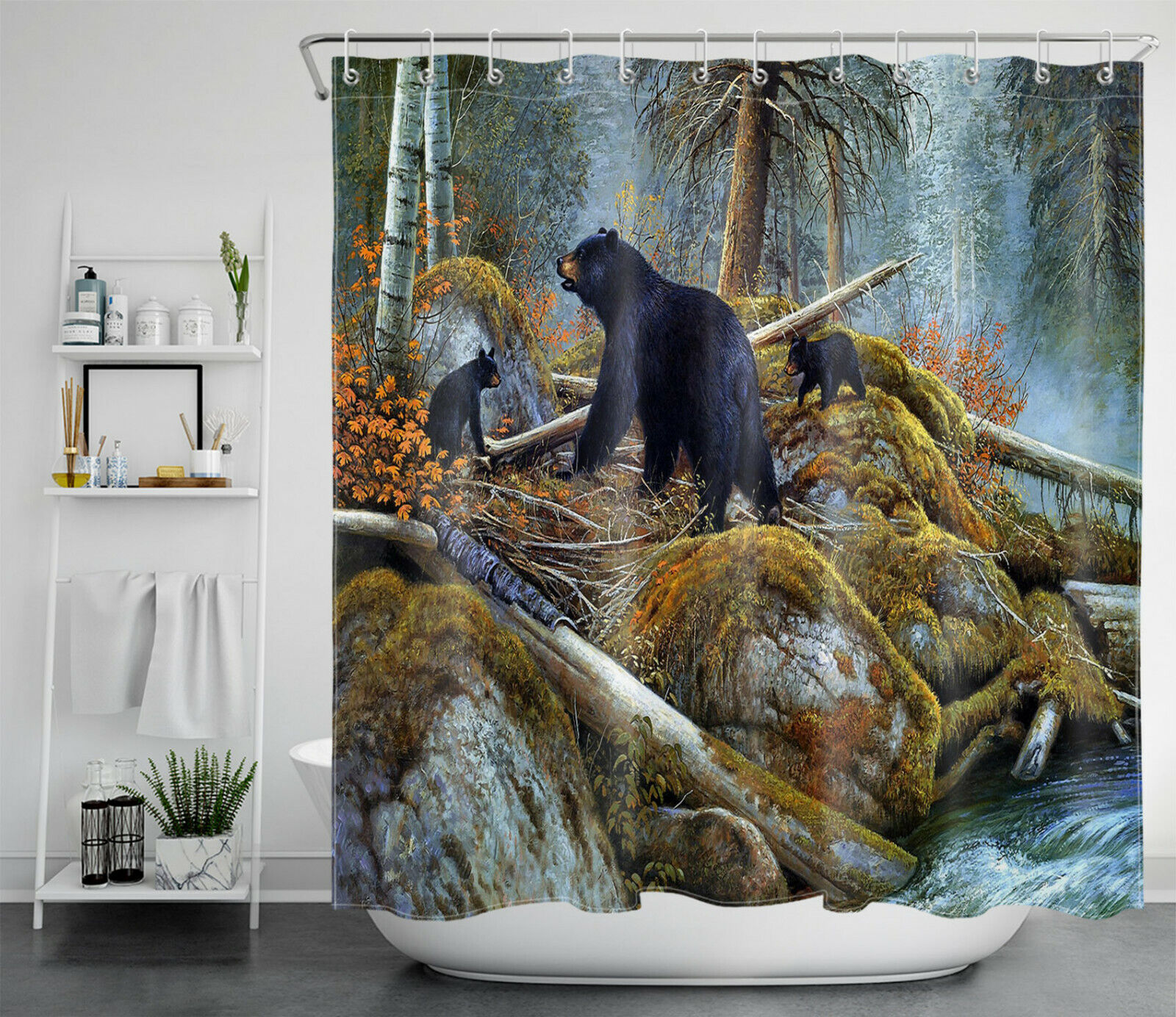 Black Bears River Shower Curtain - Autumn Forest Pine Trees Nature Scene - Image 2