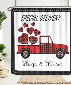 Black Buffalo Plaid Red Heart Truck Valentine's Day Shower Curtain for Romantic Bathroom Decor