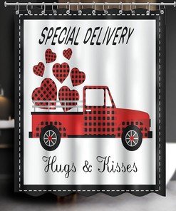 Black Buffalo Plaid Red Heart Truck Valentine's Day Shower Curtain for Romantic Bathroom Decor