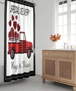 Black Buffalo Plaid Red Heart Truck Valentine's Day Shower Curtain for Romantic Bathroom Decor