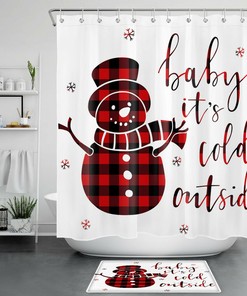 Black Buffalo Plaid Snowman Snowflake Shower Curtain for Winter Bathroom Decor 
