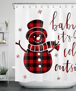 Black Buffalo Plaid Snowman Snowflake Shower Curtain for Winter Bathroom Decor