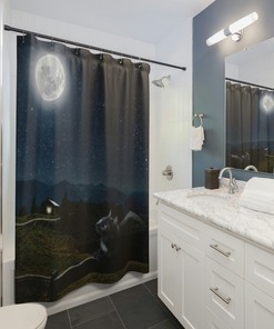 Black Cat Full Moon Bathroom Fabric Shower Curtain