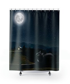 Black Cat Full Moon Bathroom Fabric Shower Curtain