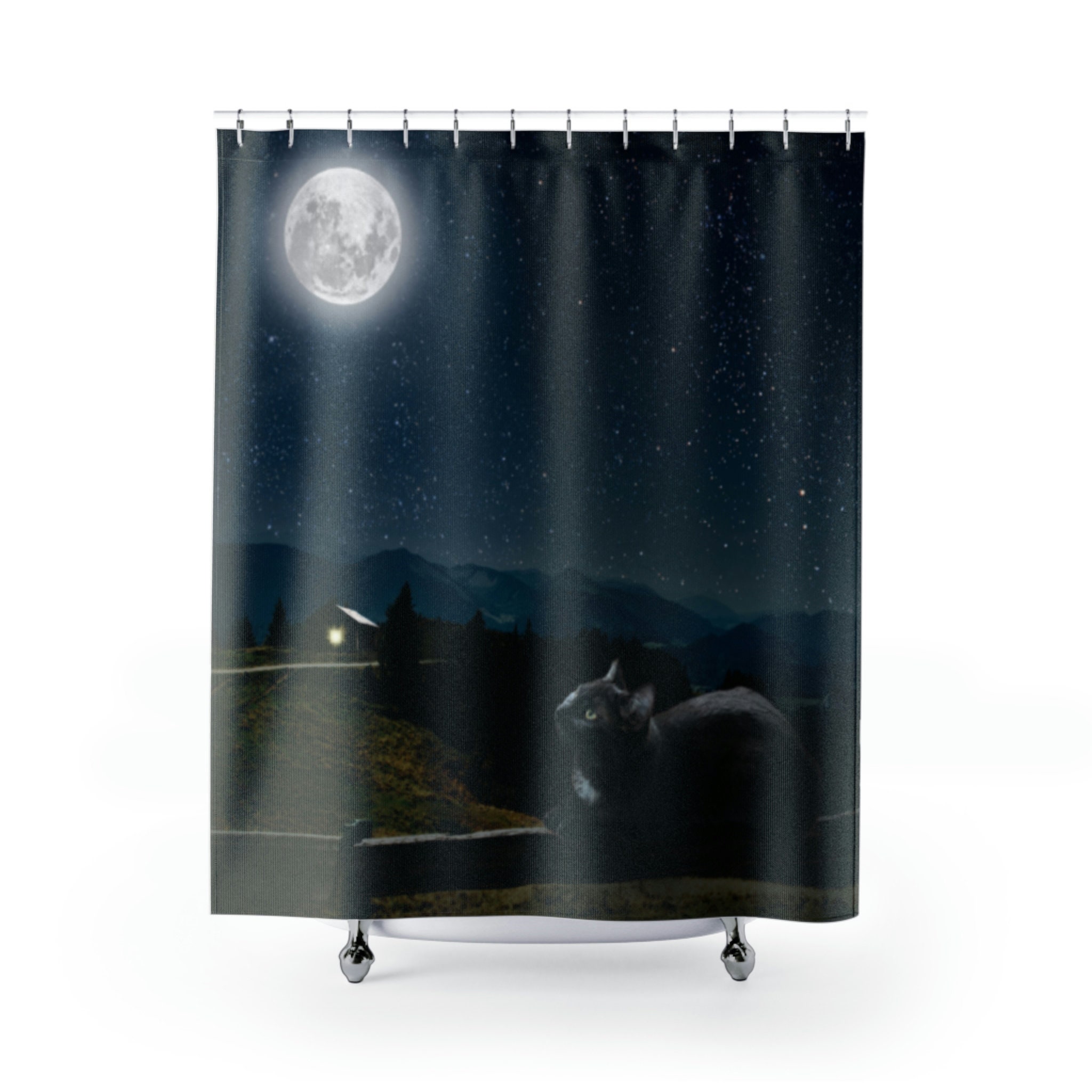 Black Cat Full Moon Bathroom Fabric Shower Curtain