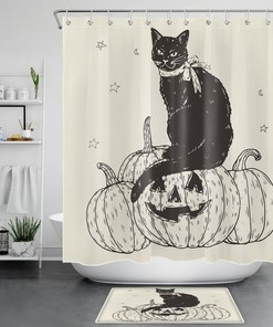 Black Cat Halloween Sitting On Pumpkin Shower Curtain For Bathroom 