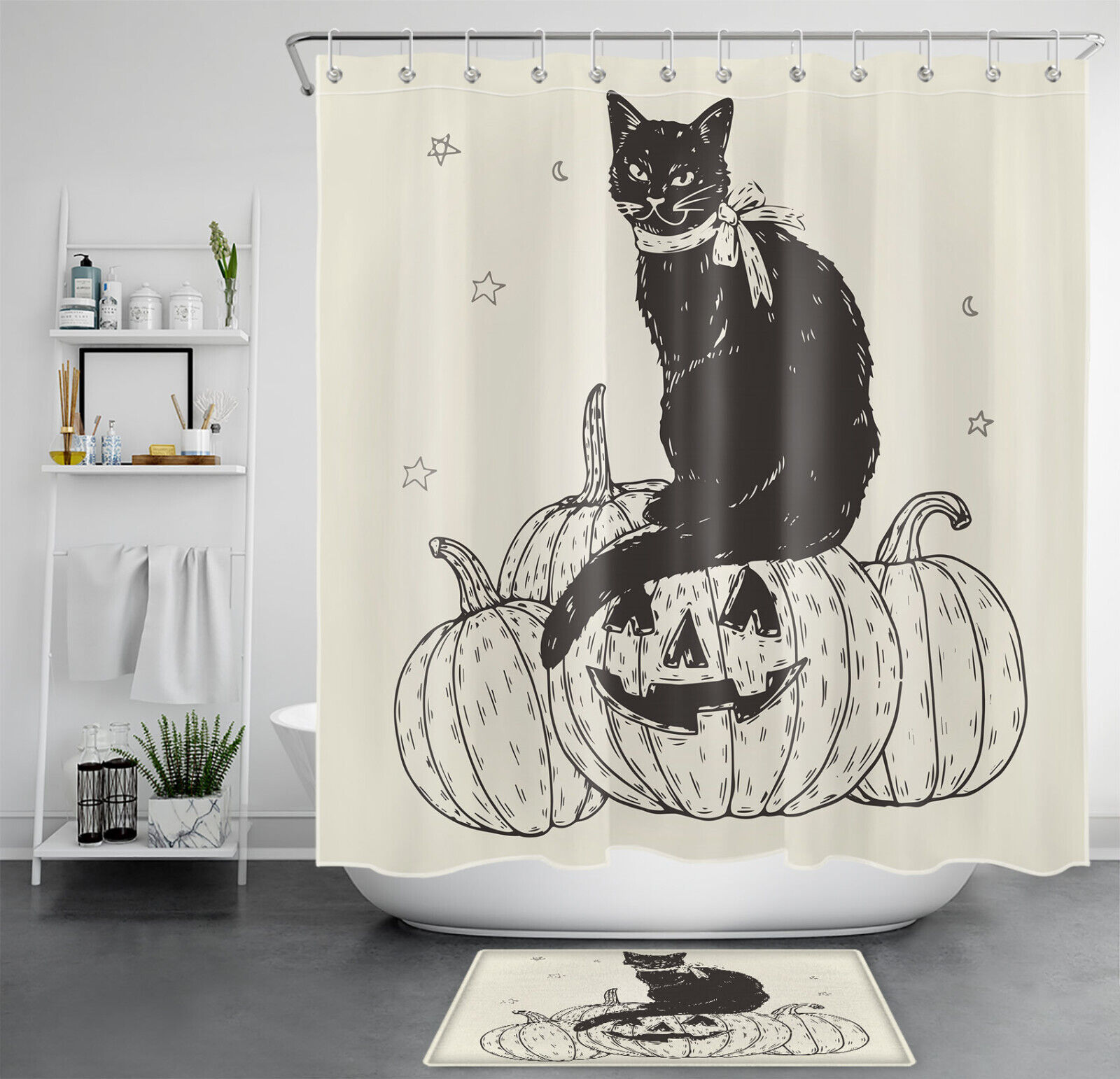 Black Cat Halloween Sitting On Pumpkin Shower Curtain For Bathroom