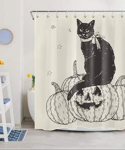 Black Cat Halloween Sitting On Pumpkin Shower Curtain For Bathroom