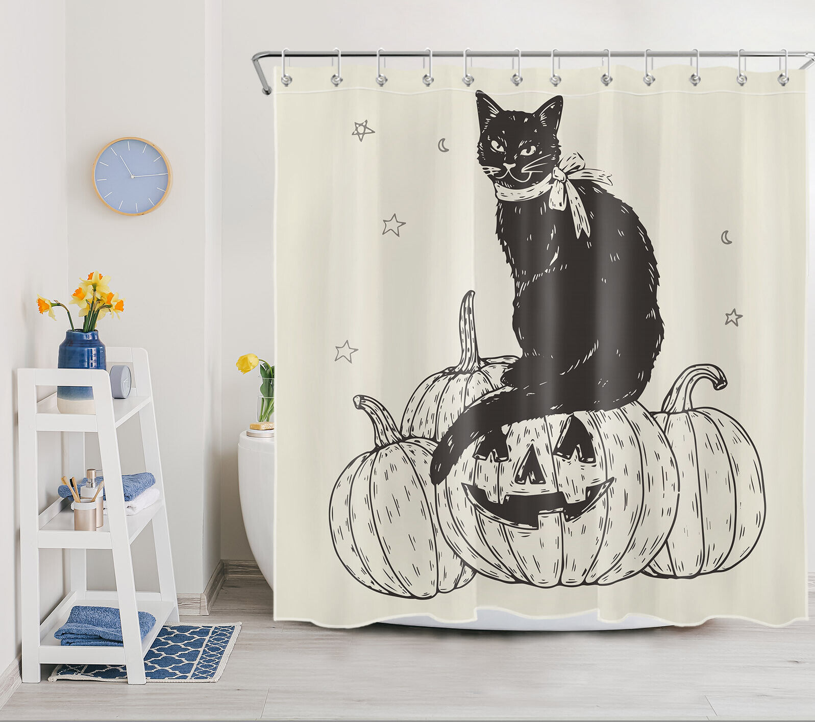 Black Cat Halloween Sitting On Pumpkin Shower Curtain For Bathroom