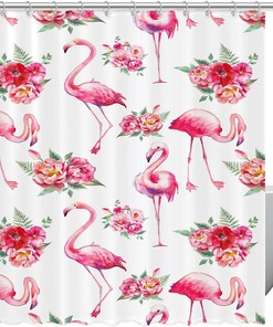 Black Cat Pink Flamingo Heart Fabric Shower Curtain for Bathroom Decor