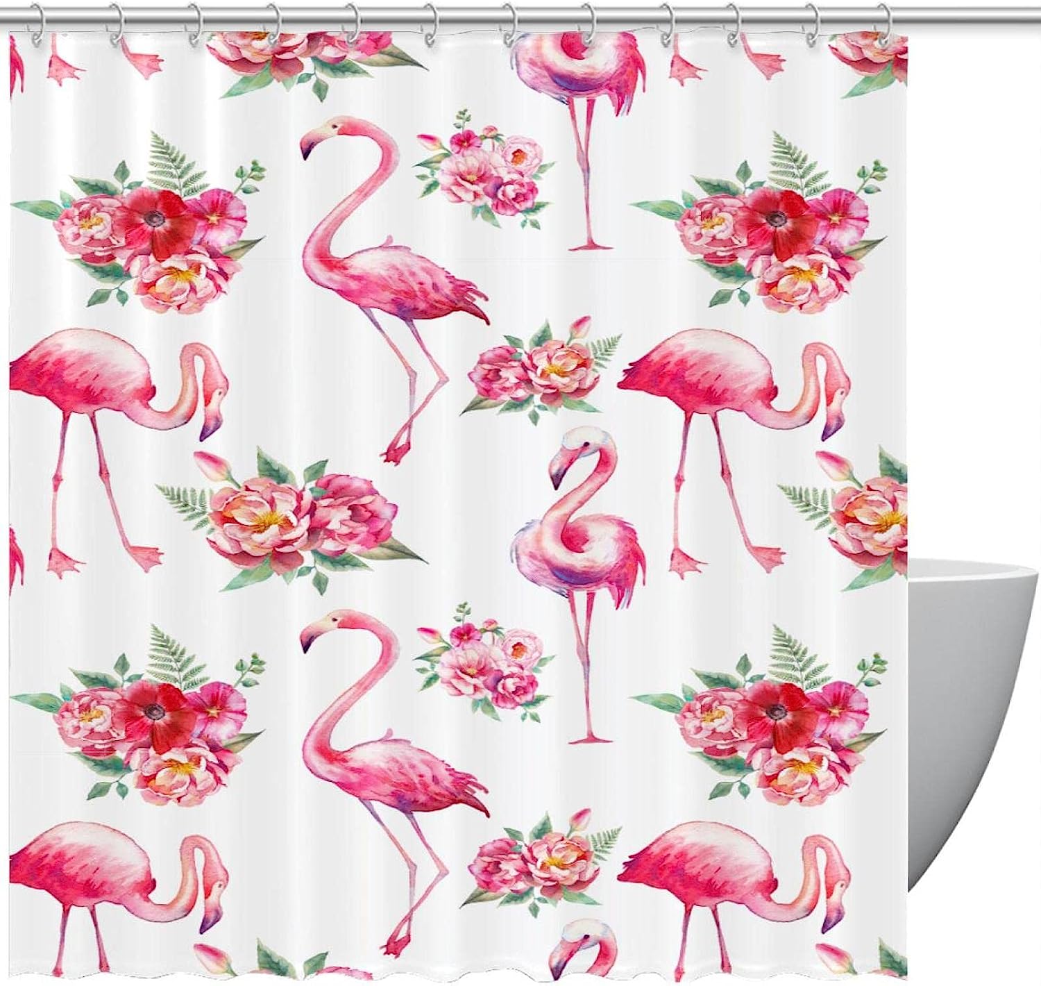 Black Cat Pink Flamingo Heart Fabric Shower Curtain for Bathroom Decor