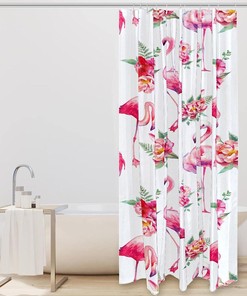 Black Cat Pink Flamingo Heart Fabric Shower Curtain for Bathroom Decor
