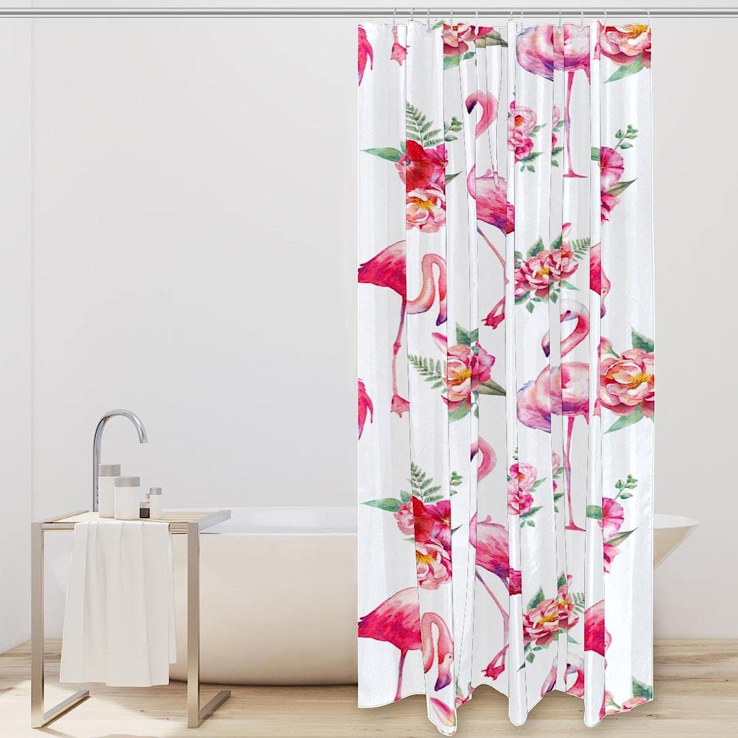 Black Cat Pink Flamingo Heart Fabric Shower Curtain for Bathroom Decor
