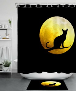 Black Cat Shadow And Golden Full Moon Halloween Shower Curtain - Classic Halloween Theme