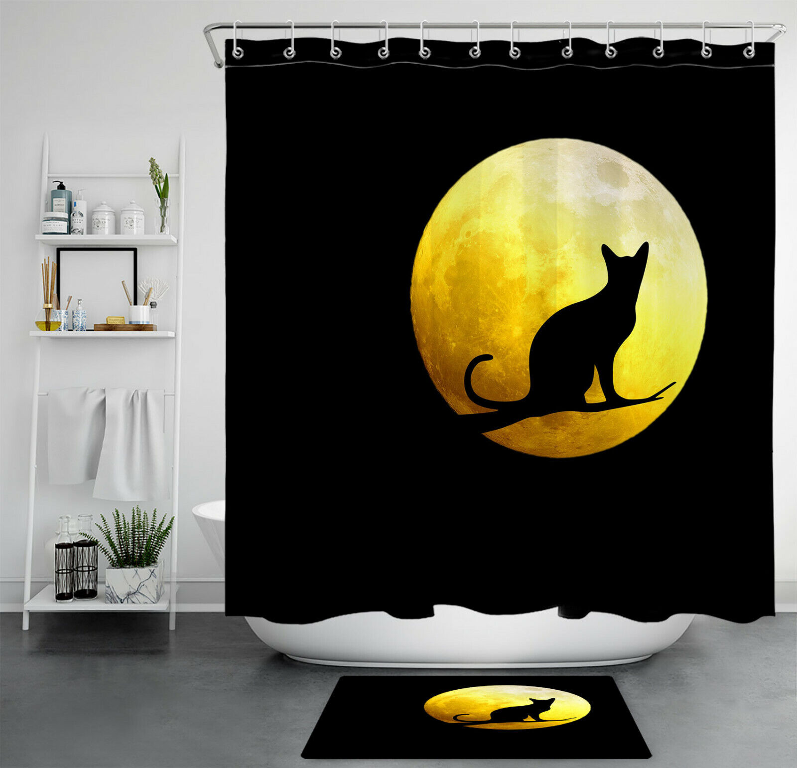 Black Cat Shadow And Golden Full Moon Halloween Shower Curtain - Classic Halloween Theme