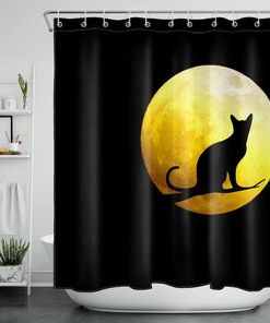 Black Cat Shadow And Golden Full Moon Halloween Shower Curtain - Classic Halloween Theme