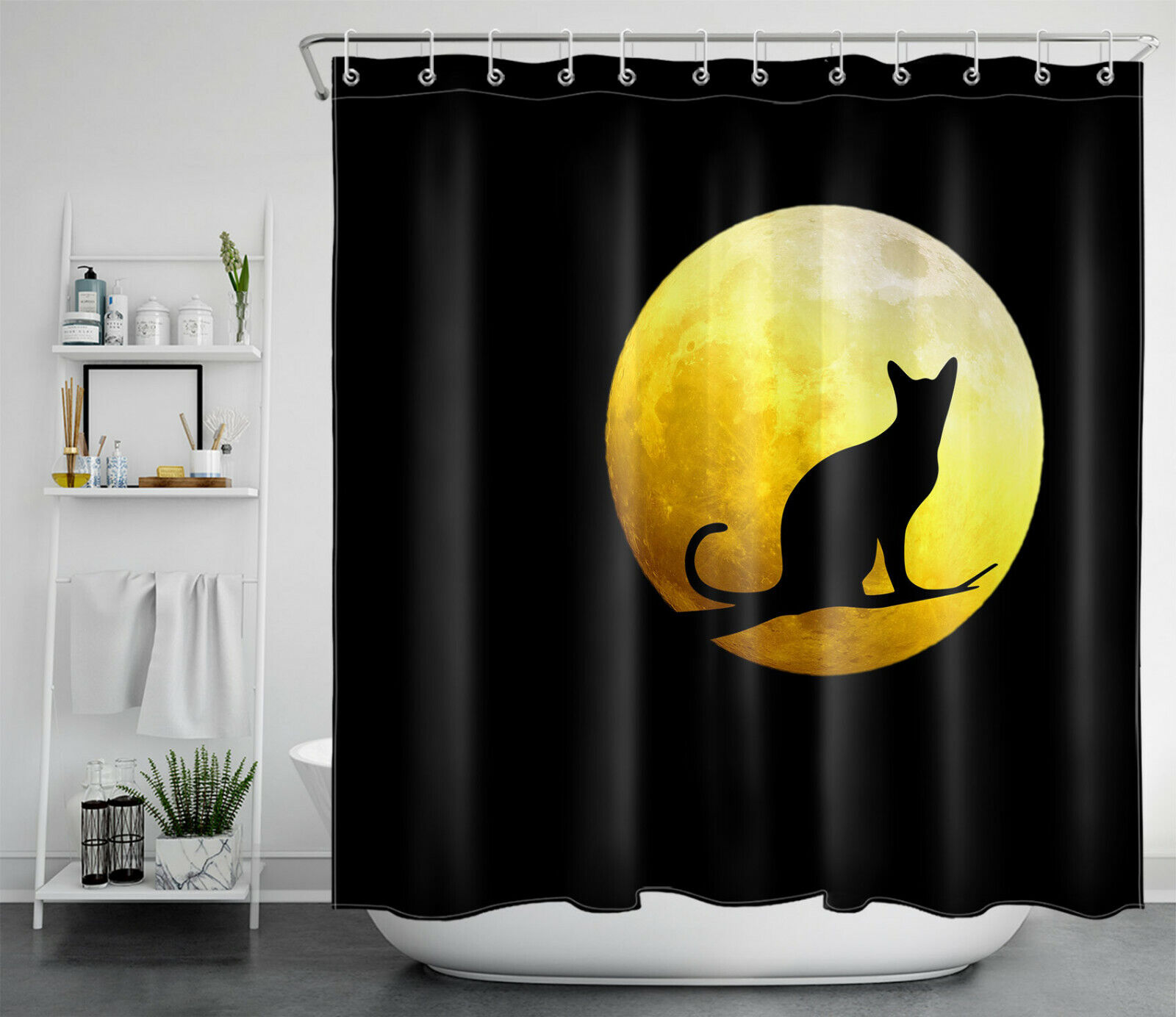 Black Cat Shadow And Golden Full Moon Halloween Shower Curtain - Classic Halloween Theme