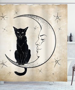 Black Cat Sitting on Moon Shower Curtain for Cat Lovers Bathroom Decor