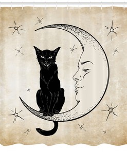 Black Cat Sitting on Moon Shower Curtain for Cat Lovers Bathroom Decor