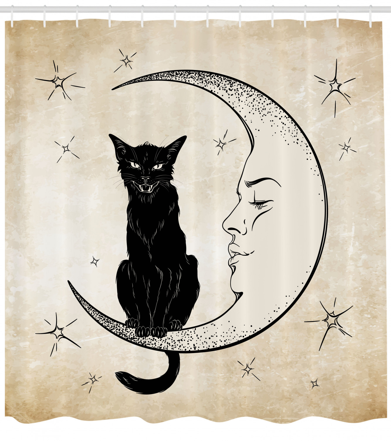 Black Cat Sitting on Moon Shower Curtain for Cat Lovers Bathroom Decor