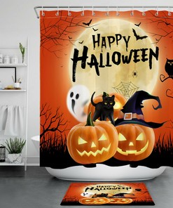 Black Cat Under Full Moon On Halloween Night Shower Curtain