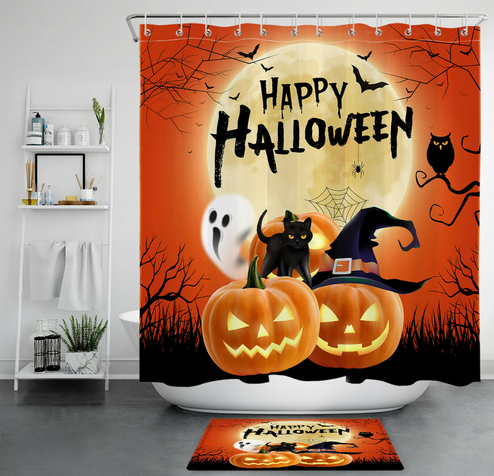 Black Cat Under Full Moon On Halloween Night Shower Curtain