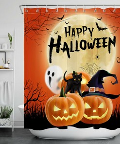 Black Cat Under Full Moon On Halloween Night Shower Curtain