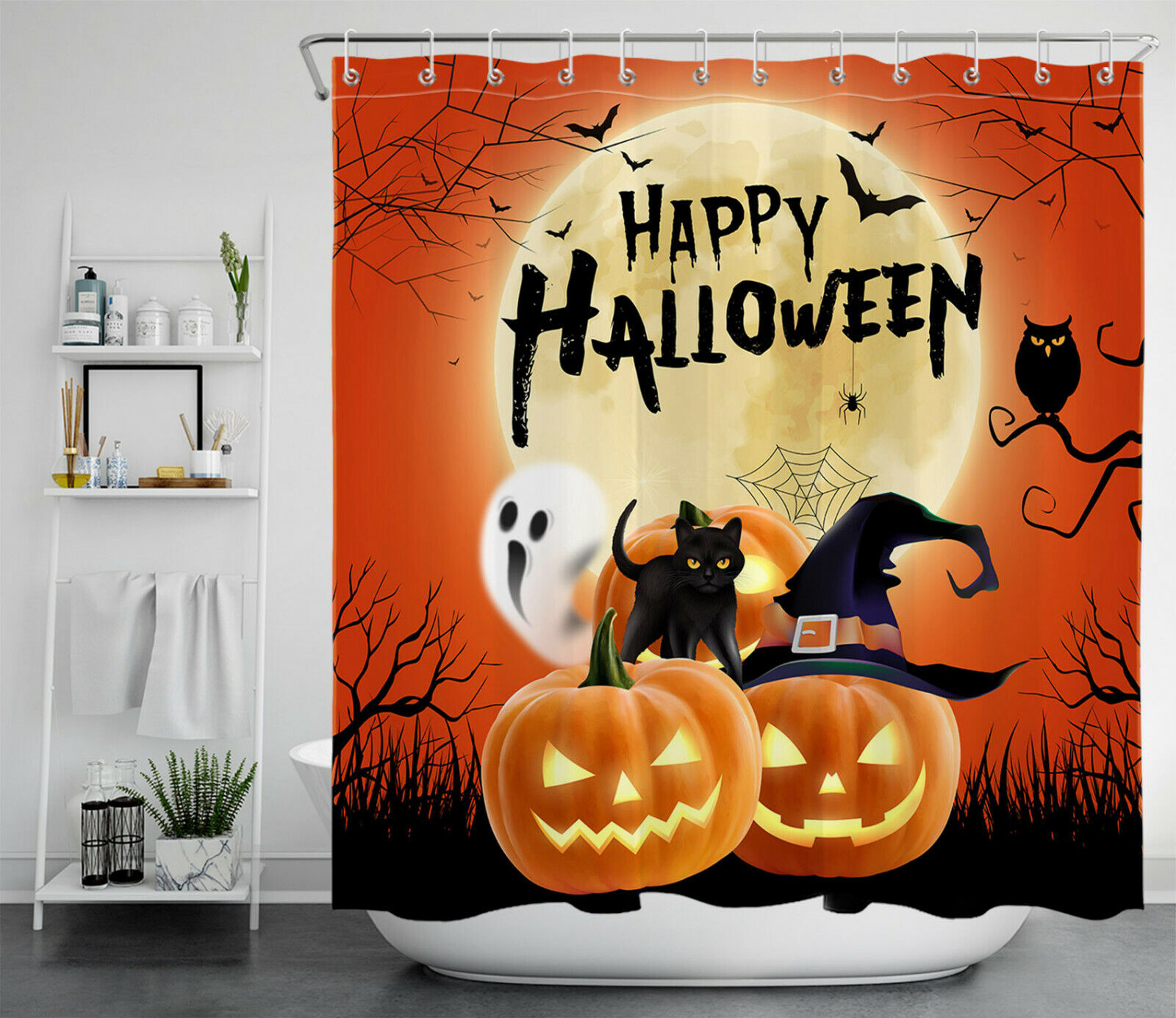 Black Cat Under Full Moon On Halloween Night Shower Curtain