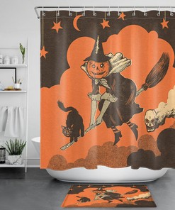 Black Cat, Witch And Ghost Haunt Halloween Pumpkin Shower Curtain