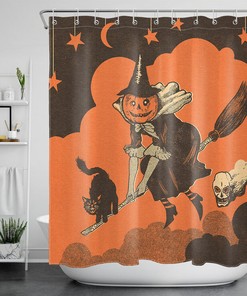 Black Cat, Witch And Ghost Haunt Halloween Pumpkin Shower Curtain