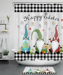 Black Check Plaid Rustic Board Easter Gnome Shower Curtain For Bathroom Decor