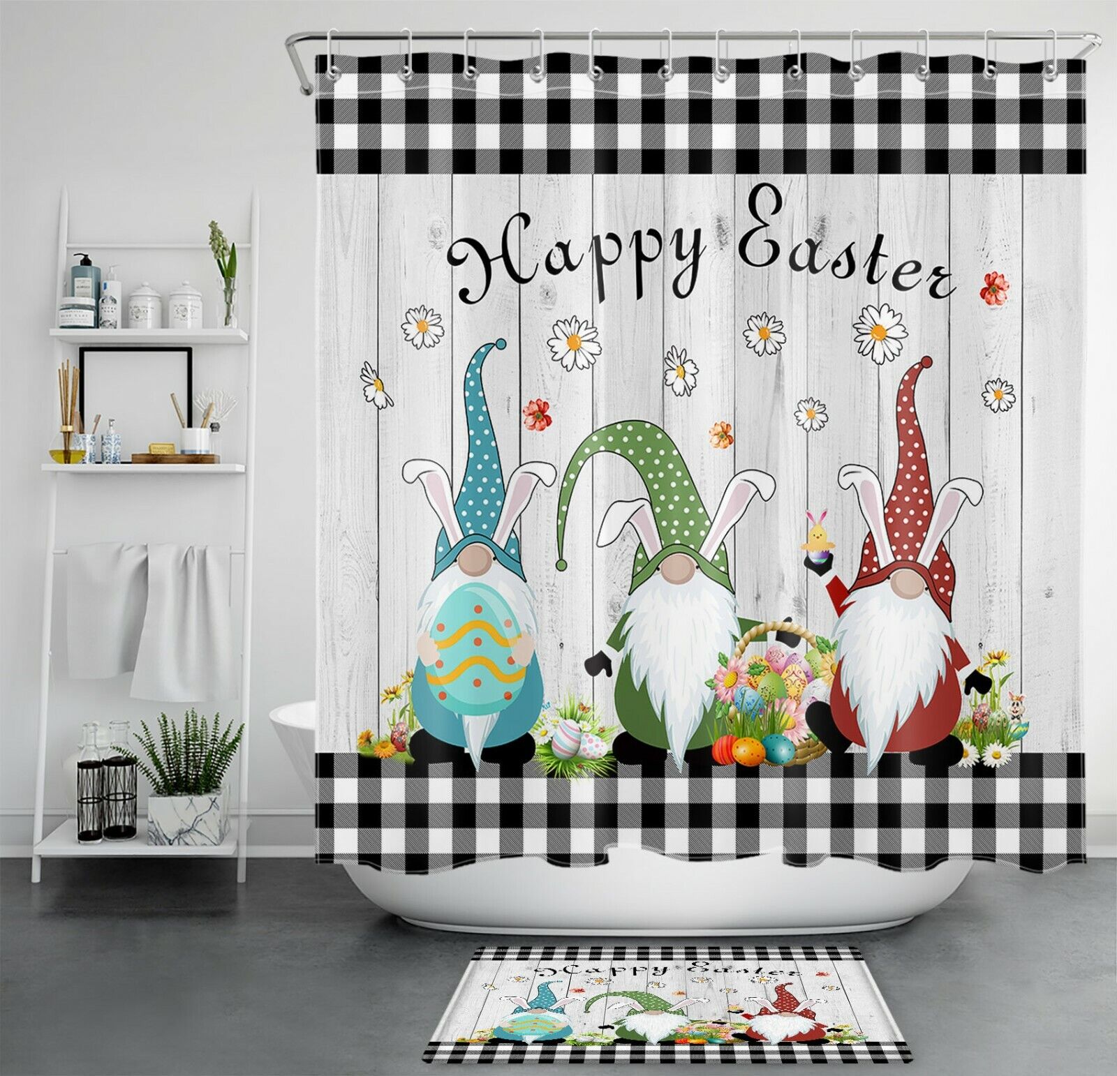 Black Check Plaid Rustic Board Easter Gnome Shower Curtain For Bathroom Decor