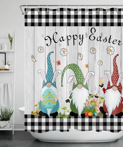 Black Check Plaid Rustic Board Easter Gnome Shower Curtain For Bathroom Decor