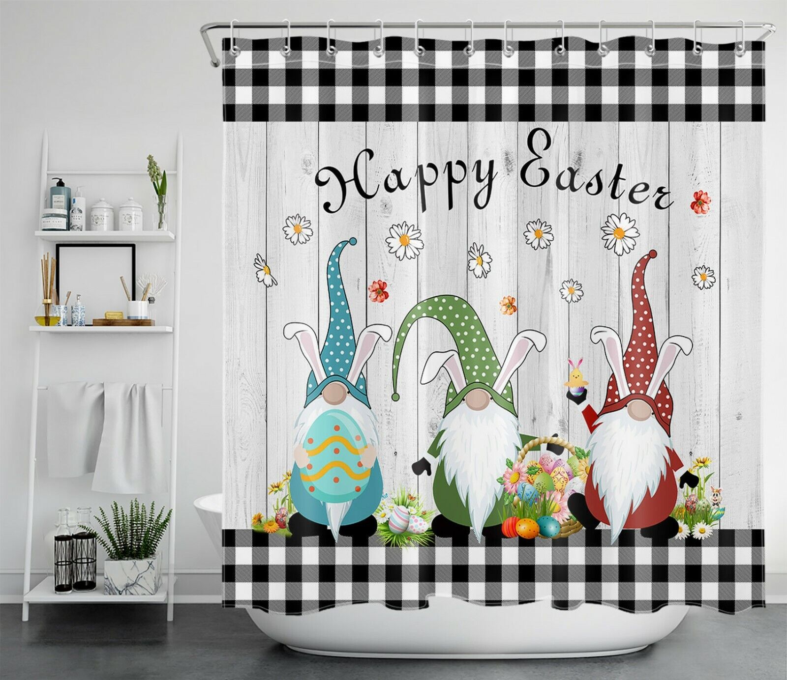Black Check Plaid Rustic Board Easter Gnome Shower Curtain For Bathroom Decor