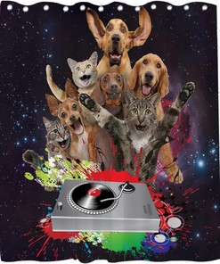 Black Cute Cat Dog Shower Curtain - Funny Animals Music Theme - Waterproof Washable Bathroom Decor