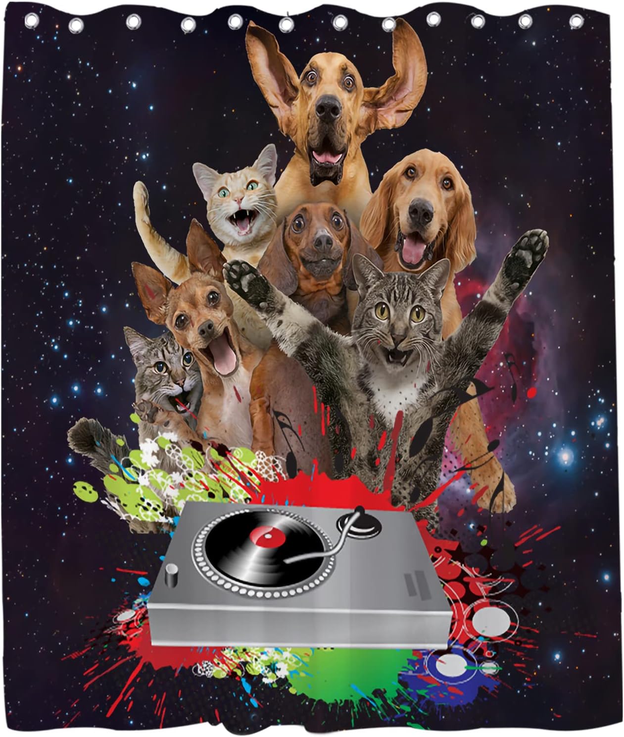 Black Cute Cat Dog Shower Curtain - Funny Animals Music Theme - Waterproof Washable Bathroom Decor