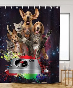 Black Cute Cat Dog Shower Curtain - Funny Animals Music Theme - Waterproof Washable Bathroom Decor