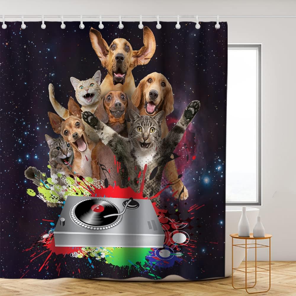 Black Cute Cat Dog Shower Curtain - Funny Animals Music Theme - Waterproof Washable Bathroom Decor