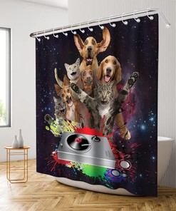 Black Cute Cat Dog Shower Curtain - Funny Animals Music Theme - Waterproof Washable Bathroom Decor