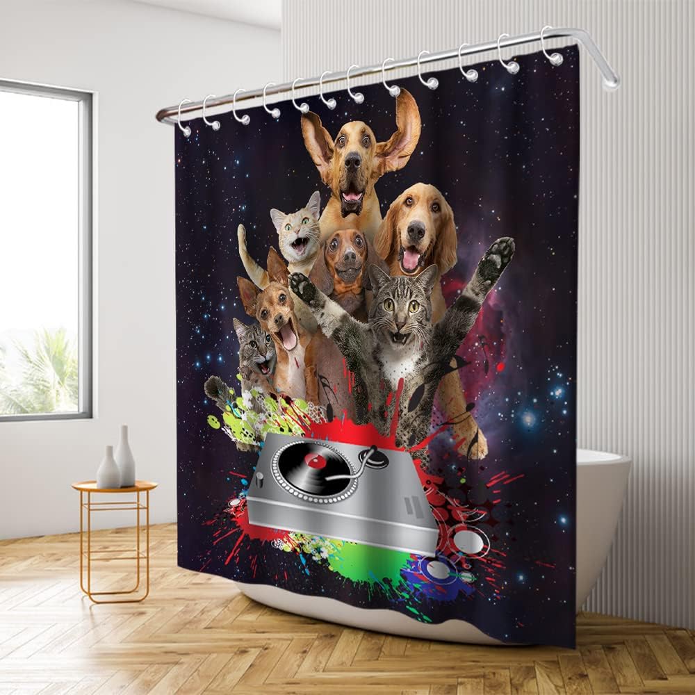 Black Cute Cat Dog Shower Curtain - Funny Animals Music Theme - Waterproof Washable Bathroom Decor
