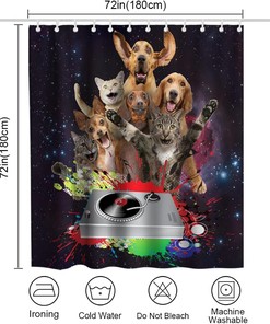 Black Cute Cat Dog Shower Curtain - Funny Animals Music Theme - Waterproof Washable Bathroom Decor