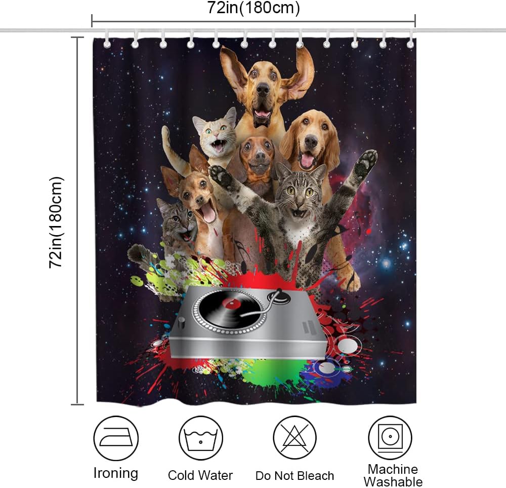 Black Cute Cat Dog Shower Curtain - Funny Animals Music Theme - Waterproof Washable Bathroom Decor
