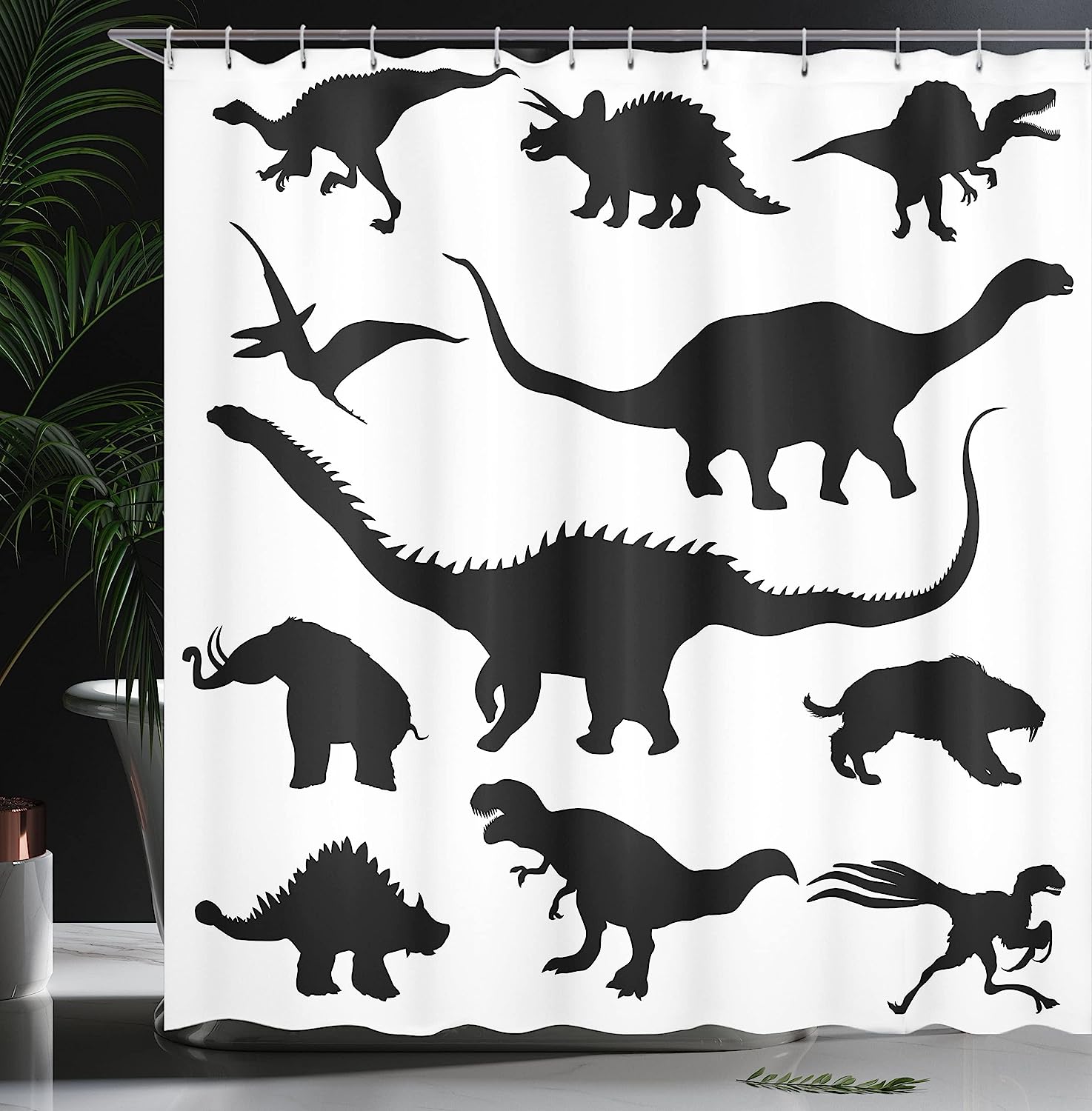 Black Dino Evolution Shower Curtain - Cloth Fabric Bathroom Decor In Black White - Image 3