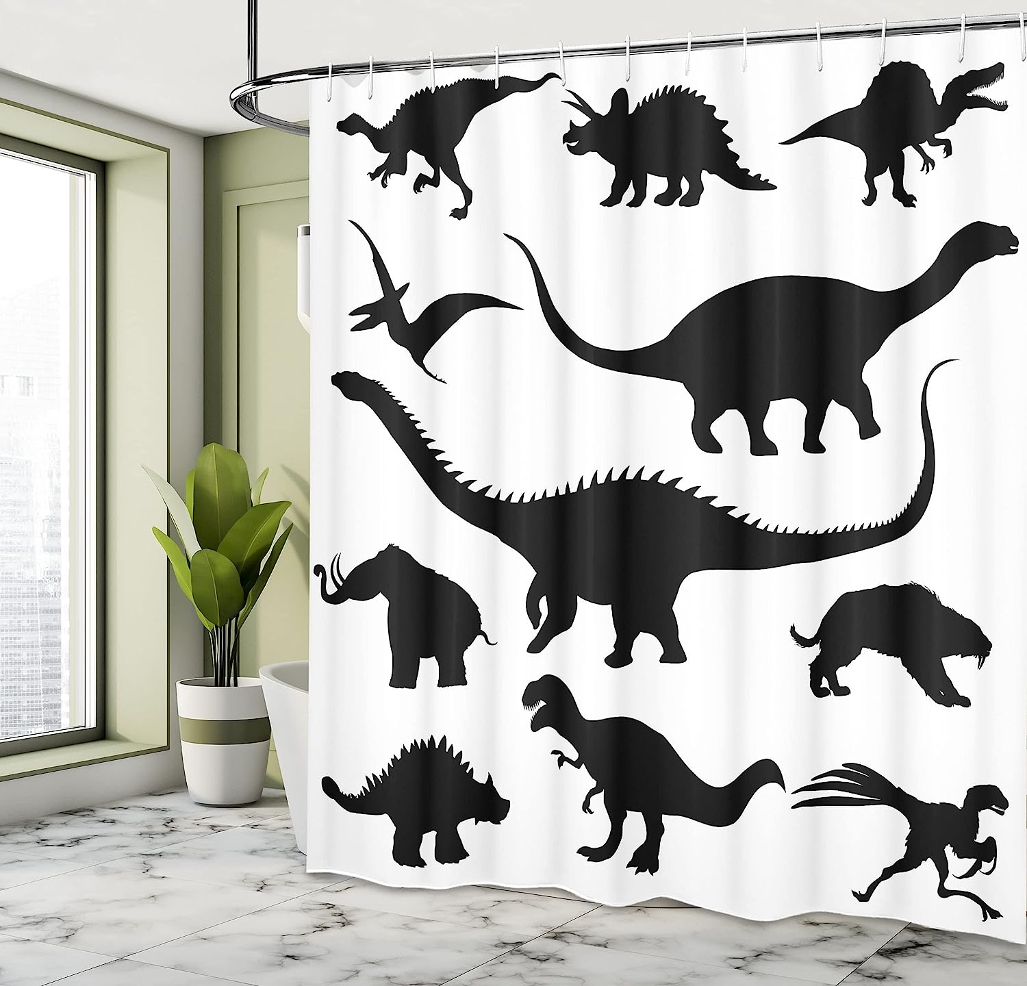Black Dino Evolution Shower Curtain - Cloth Fabric Bathroom Decor In Black White - Image 4