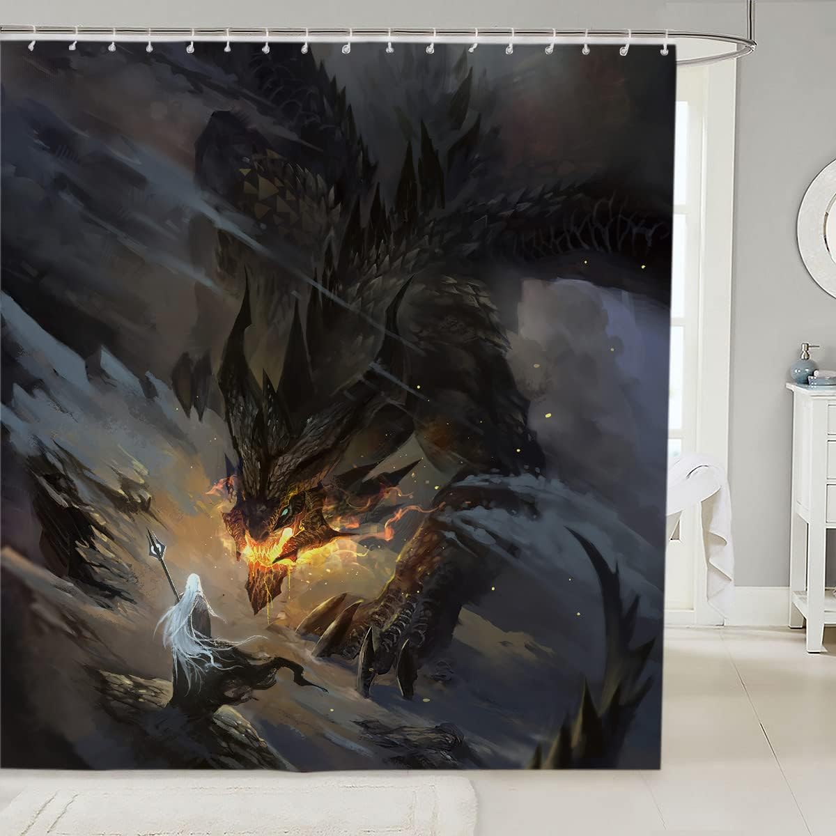 Black Dragon Fantasy Mythical Print Fabric Shower Curtain for Bathroom