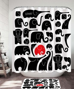 Black Elephant Print Shower Curtain with Red Spot Design