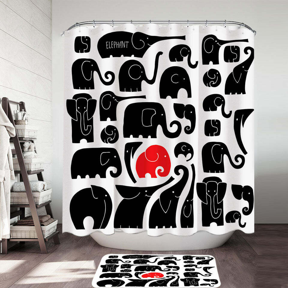 Black Elephant Print Shower Curtain with Red Spot Design