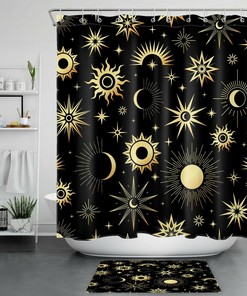 Black Fantasy Sun Moon Star Print Shower Curtain For Bathroom Accessories