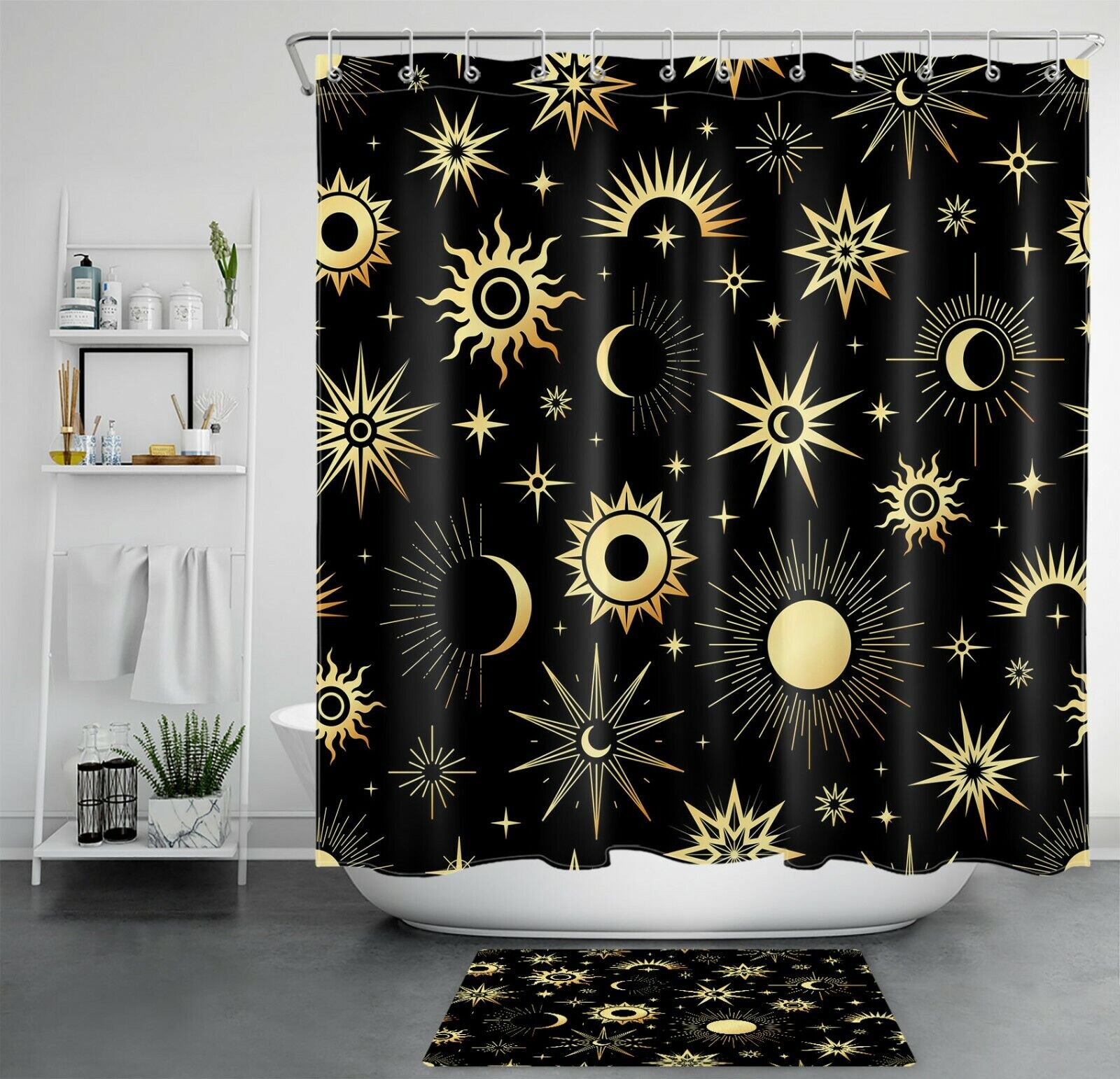 Black Fantasy Sun Moon Star Print Shower Curtain For Bathroom Accessories
