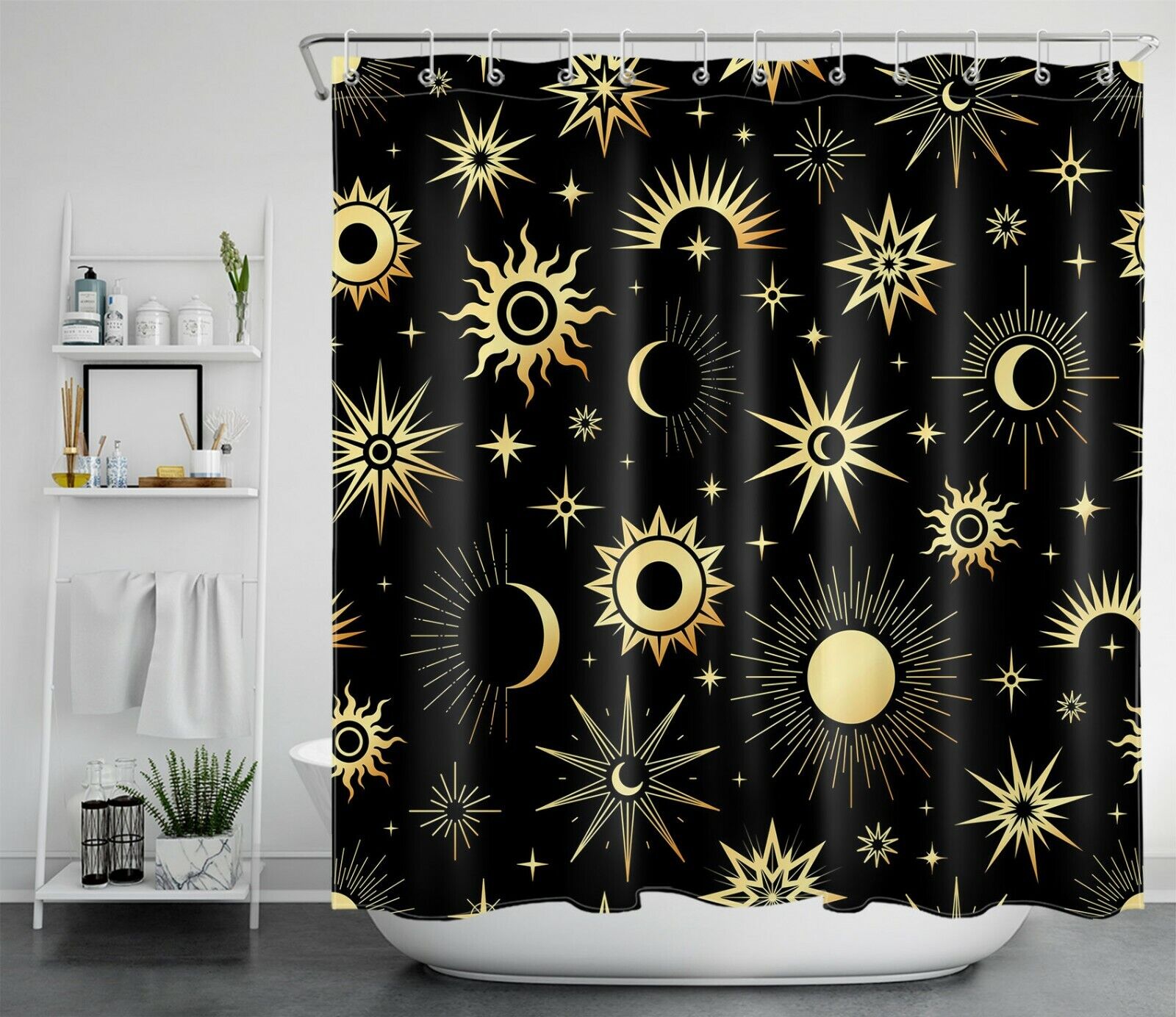 Black Fantasy Sun Moon Star Print Shower Curtain For Bathroom Accessories - Image 2